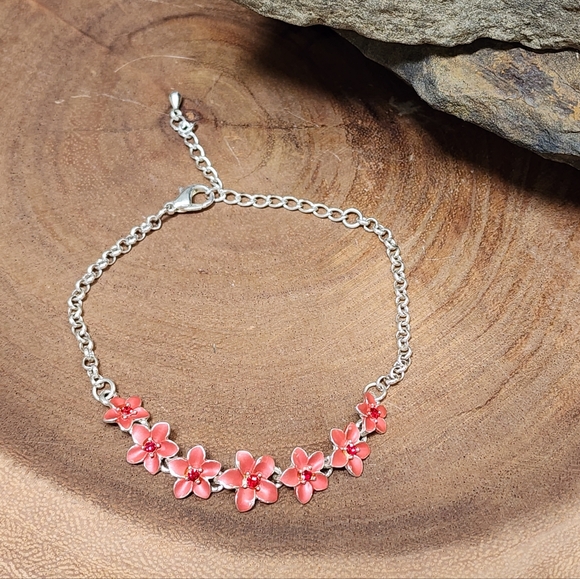 Beautiful Pink Floral Enamel Bracelet Or Anklet With Red Rhinestone Centers - Picture 9 of 12